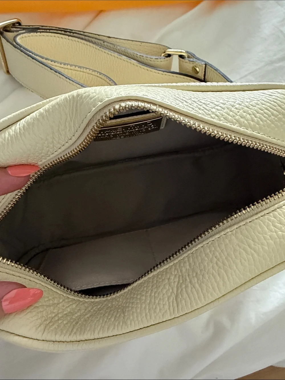 Valentino Cream Pebbled Leather Crossbody with Pearl V Logo - Authentic